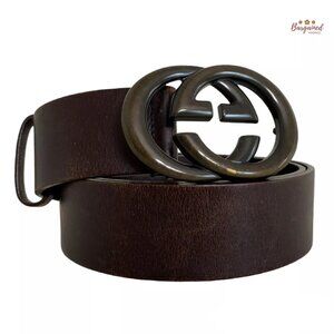 Authentic Gucci Dark Brown Calfskin Dark Bronze Interlocking G Buckle Belt 90/36